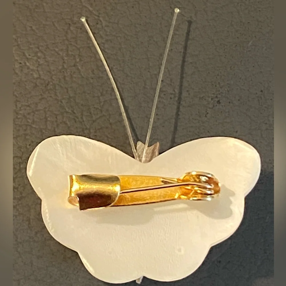 Vintage Set of 2 Butterfly Brooch Gold Metal & Enameled Mother-Of-Pearl